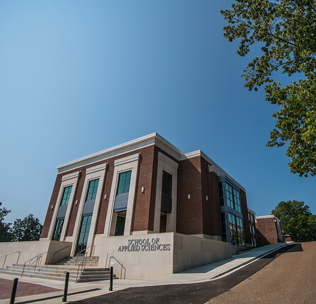 Exterior view of the University of Mississippi School of Applied Sciences building, home to research centers, institutes, and academic programs.